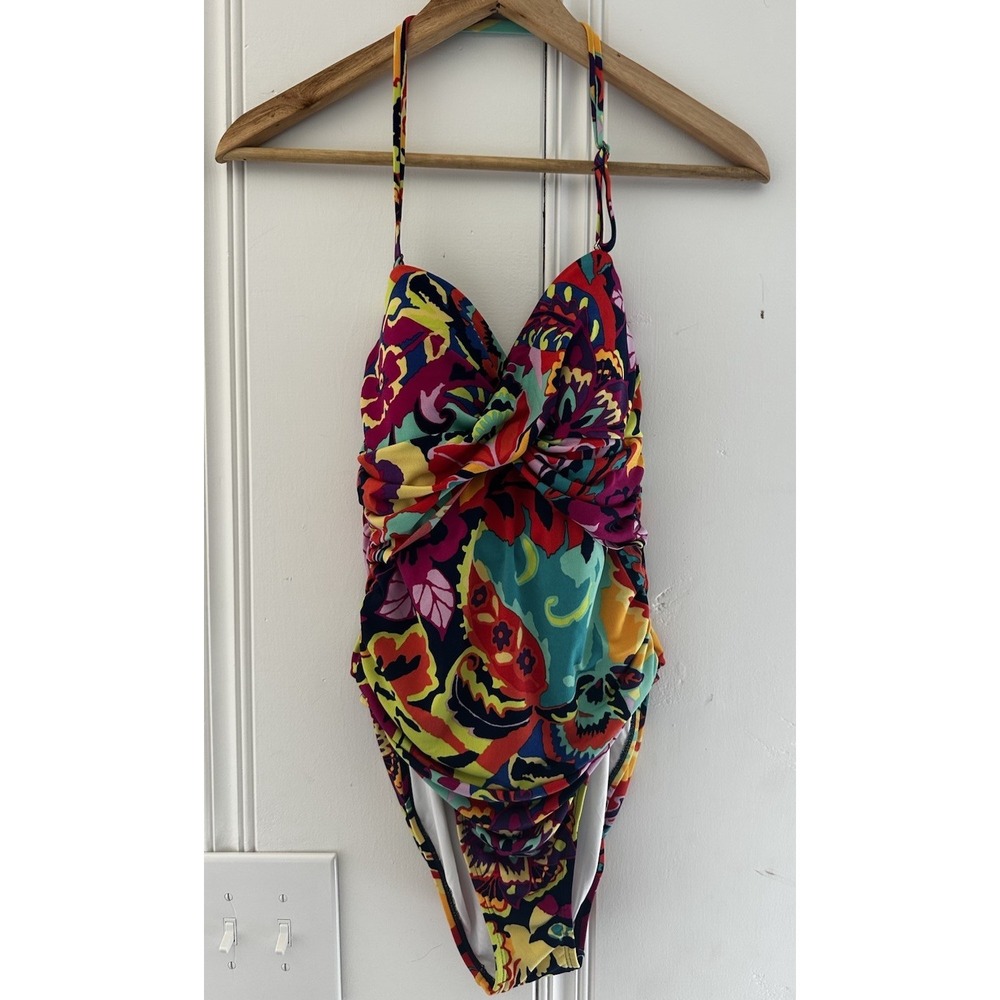 Tahari One Piece Swimsuit Colorful Paisley Print Ruched Tummy Control Halter